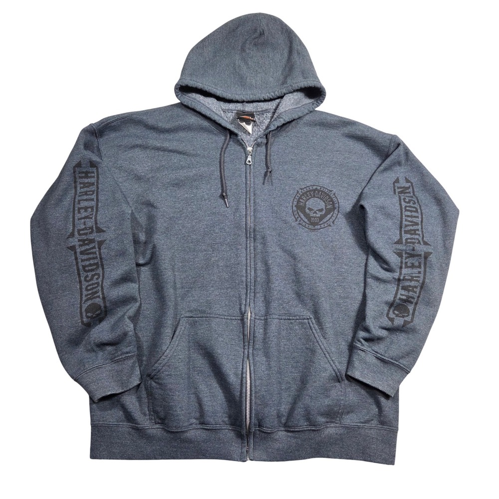Harley Davidson Mens XL Gray Full Zip Hoodie Skull MN Grunge Punk Baggy Biker